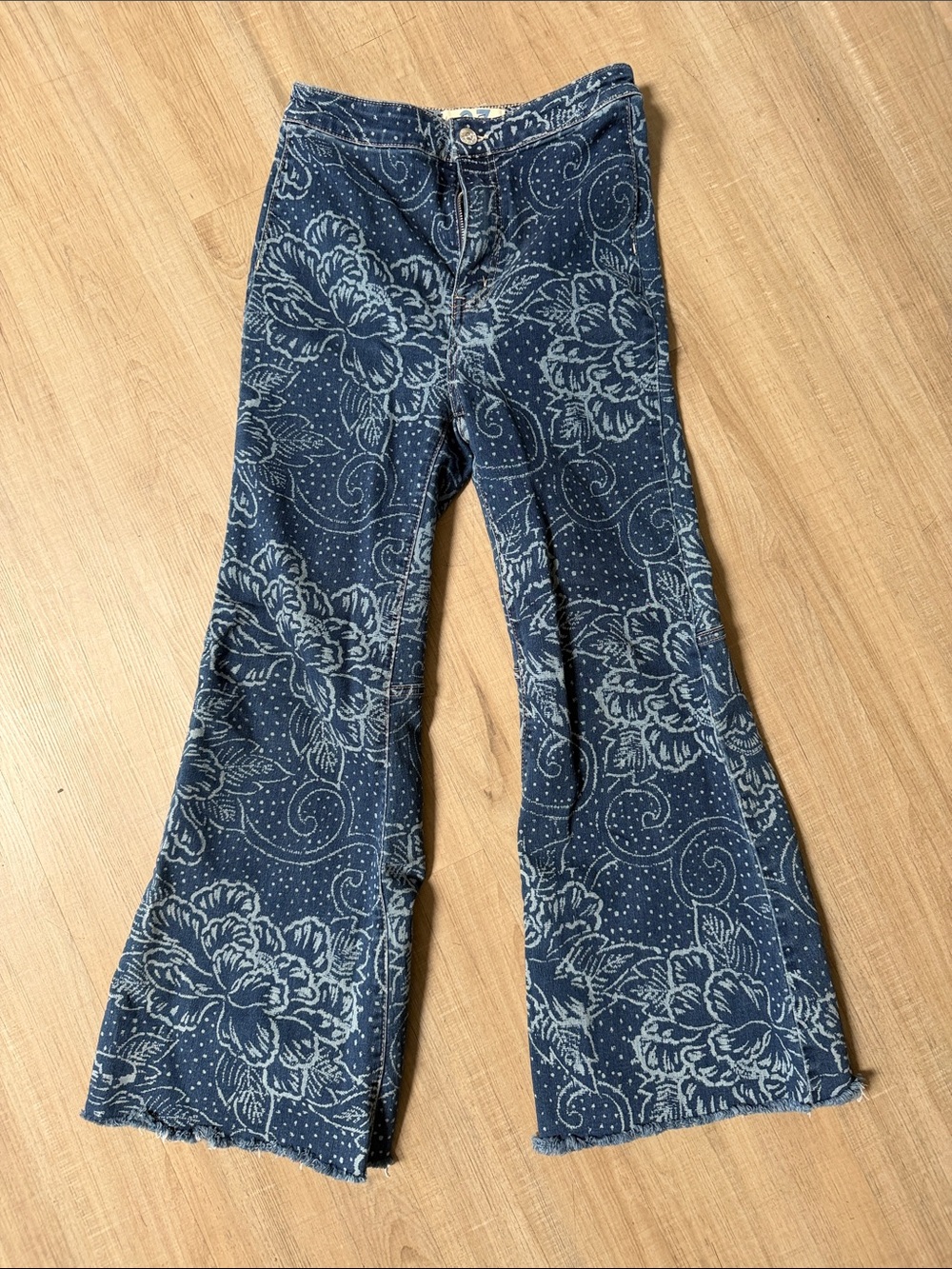 Free People High Rise Blue Floral Flare Jeans